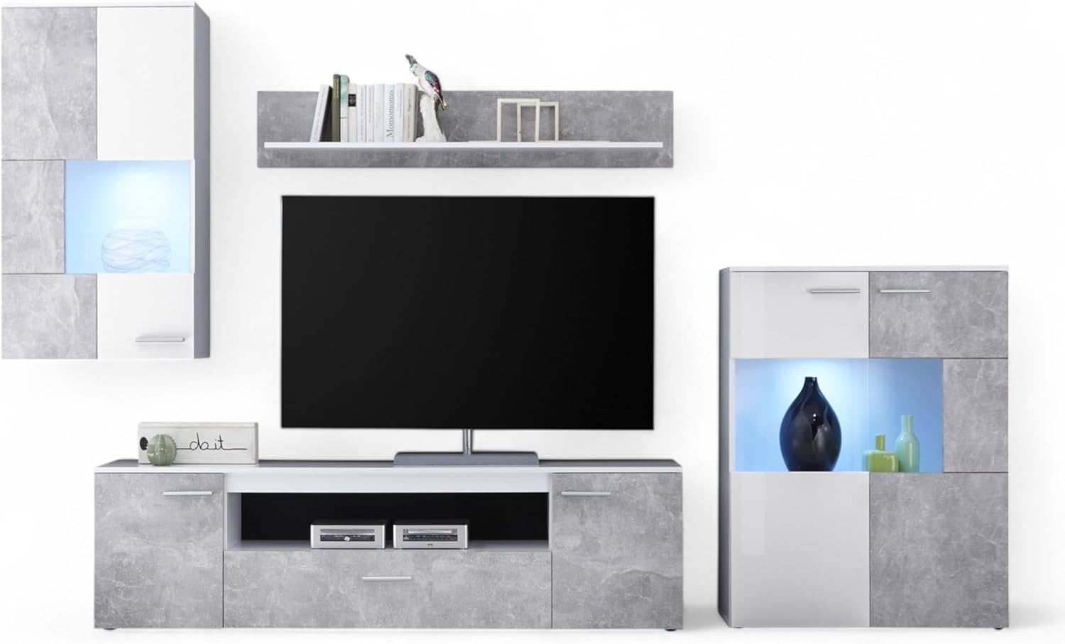 Vulcan Wohnwand Komplett-Set in Beton Optik, Weiß - Moderne Schrankwand mit LED-Beleuchtung für Ihr Wohnzimmer - 290 x 194 x 40 cm (B/H/T)