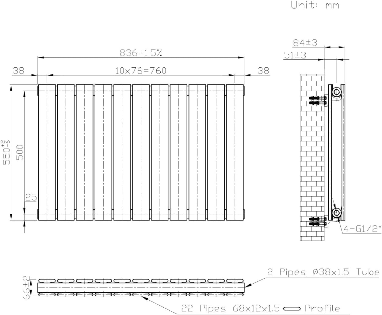 WITEN&NOCK Design Heizkörper Flach Paneelheizkörper Anthrazit 850 x 550 mm Doppellagig mit Seitenanschluss Austauschheizkörper Nabenabstand 500 mm inkl. Montageset