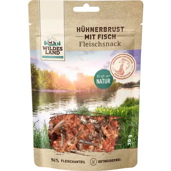 Hunde- und Katzensnack Hühnerbrust mit Fisch