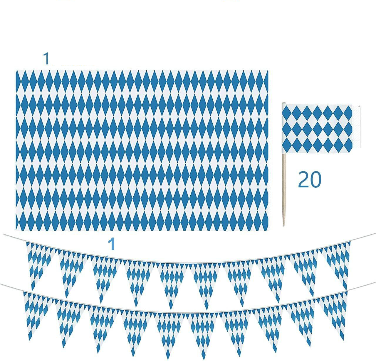 (22-tlg. Set) Fahnen Girlande Oktoberfest Party Deko   Tischdecke / Kuchenstecker - Blau / Weiss
