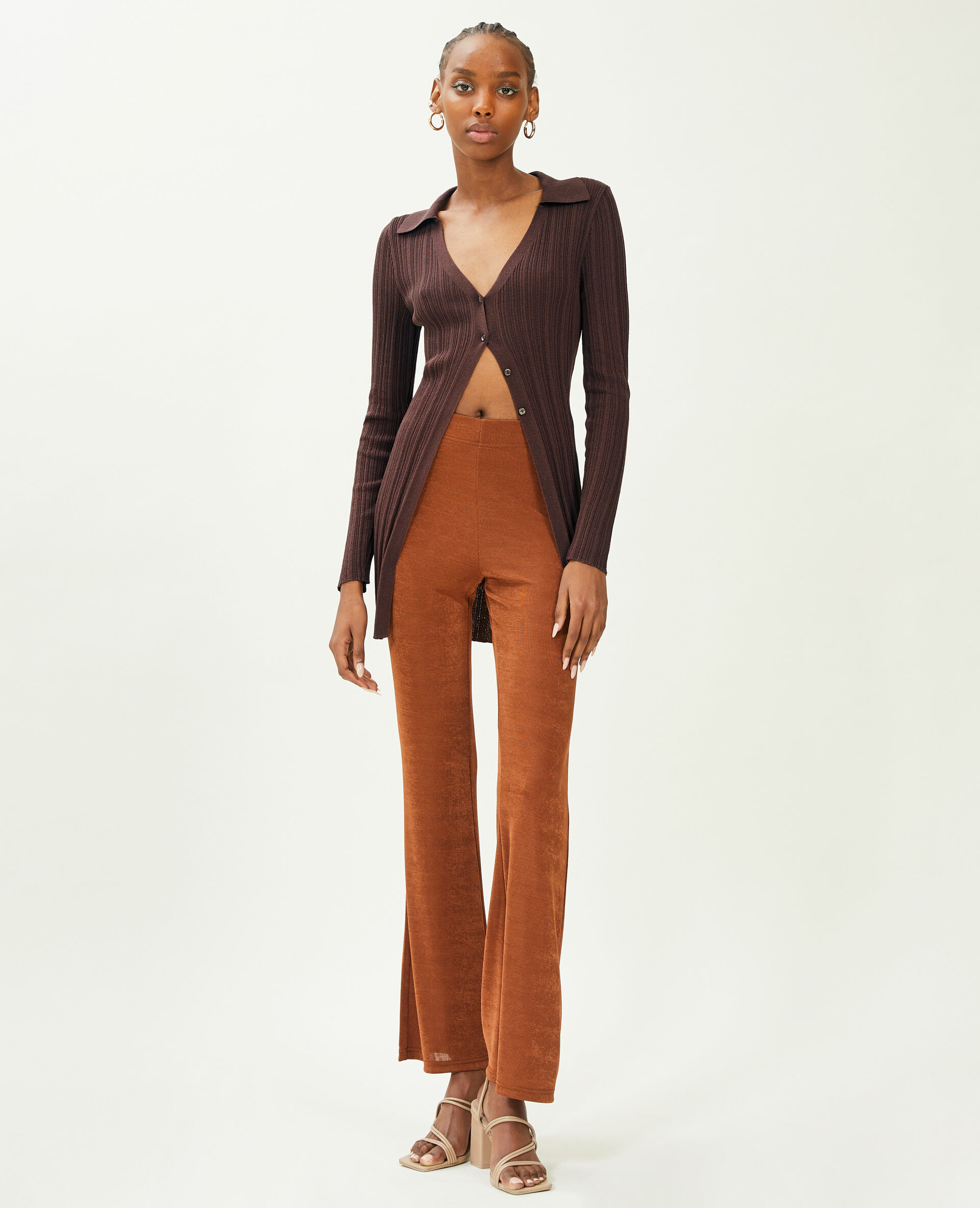 Gilet long en maille côtelée col polo - Marron