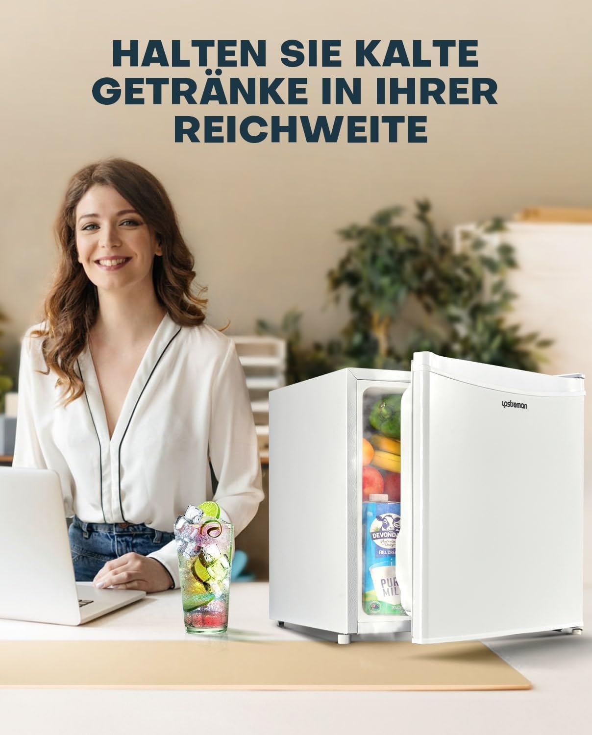 Upstreman 46L Mini-Kühlschrank mit Gefrierfach, einstellbarem Thermostat, energiesparend, geräuscharm, eintüriger Kompaktkühlschrank für Wohnheim, Büro, Schlafzimmer, Weiß-FR17