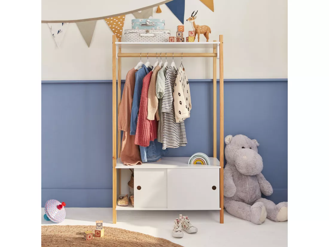 Penderie pour enfants - TOBIAS - deux portes coulissantes et portant bois massif en pin naturel blanc. 80X40X136.5CM