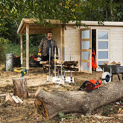 Abri de jardin + pergola Skara en bois coloris naturel ép.28 mm surface extérieure 10,65 + 5,51 m²