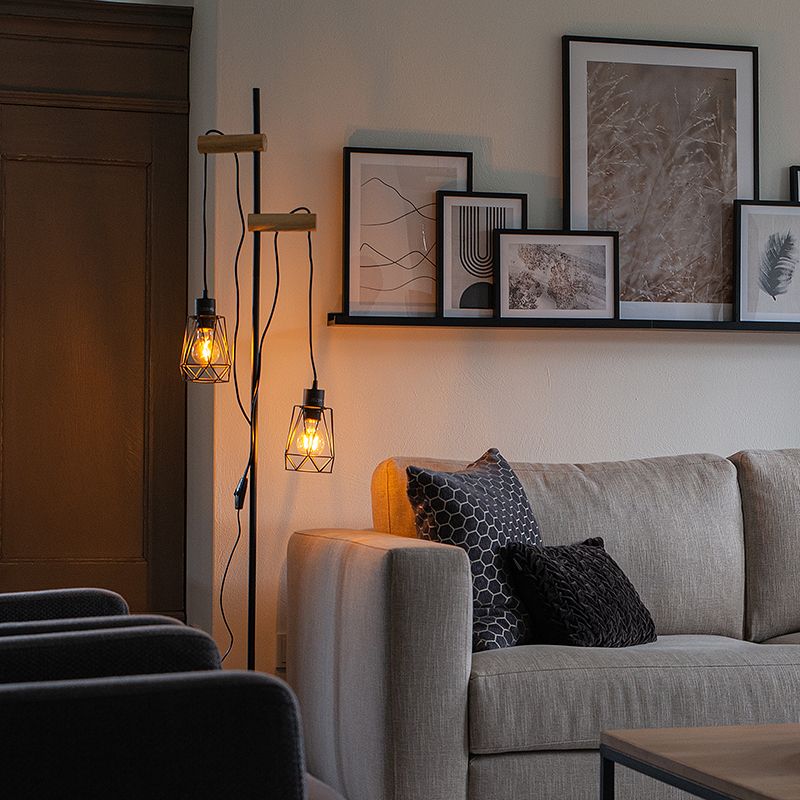 Landelijke vloerlamp zwart met hout 2-lichts met kap - Dami Frame