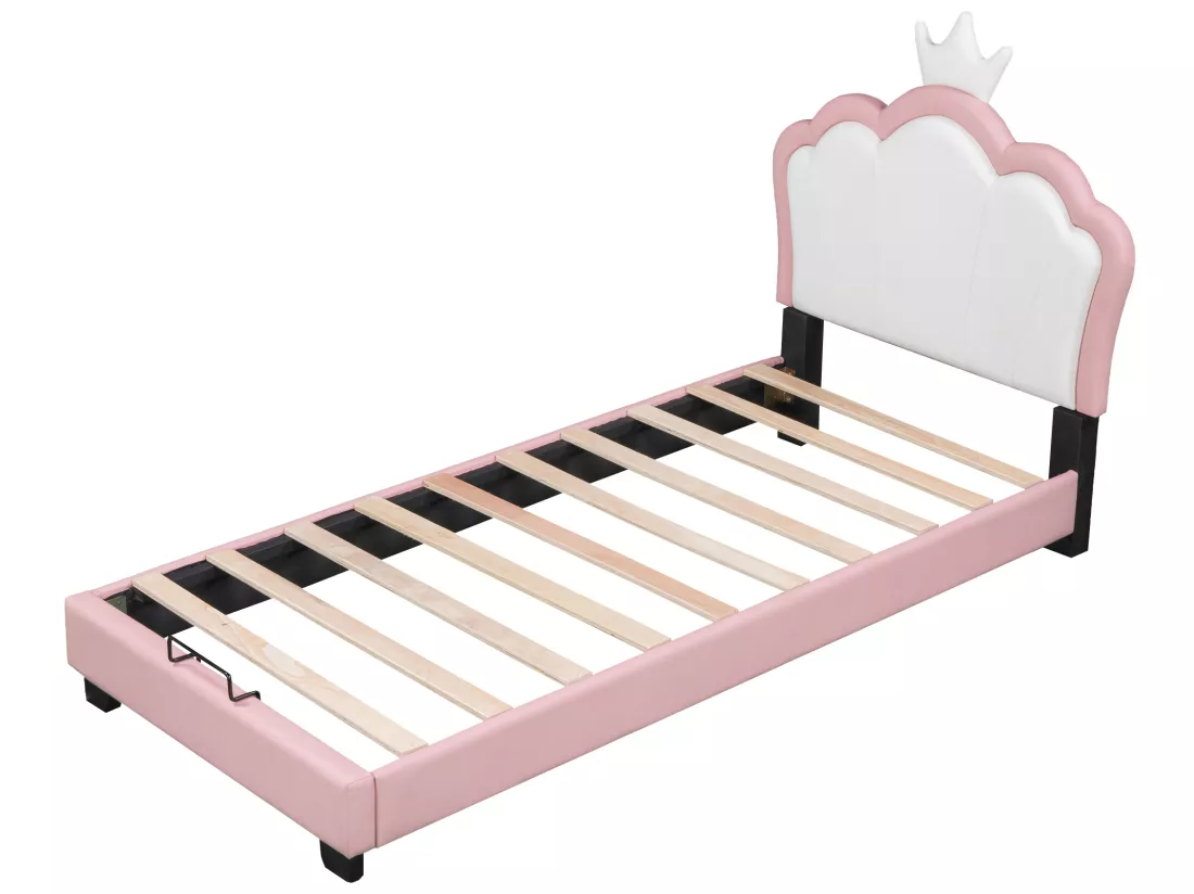 Lit avec tête de lit en forme couronne 90 x 200 cm - cuir PU - pour enfant - coloris rose