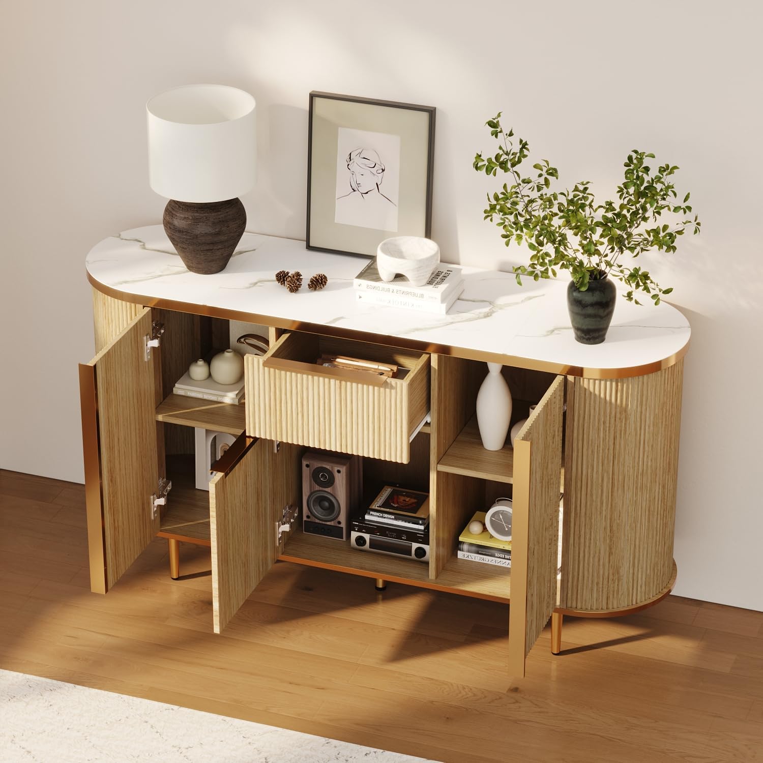 Caldion Sideboard mit 3 Türen und 1 Schublade kommode Wohnzimmer für Küchenschrank Küchenschrank Sideboard mit Schubladen Flur möbel buffetschrank Natürliche Holzfarbe 140x38.9x80cm