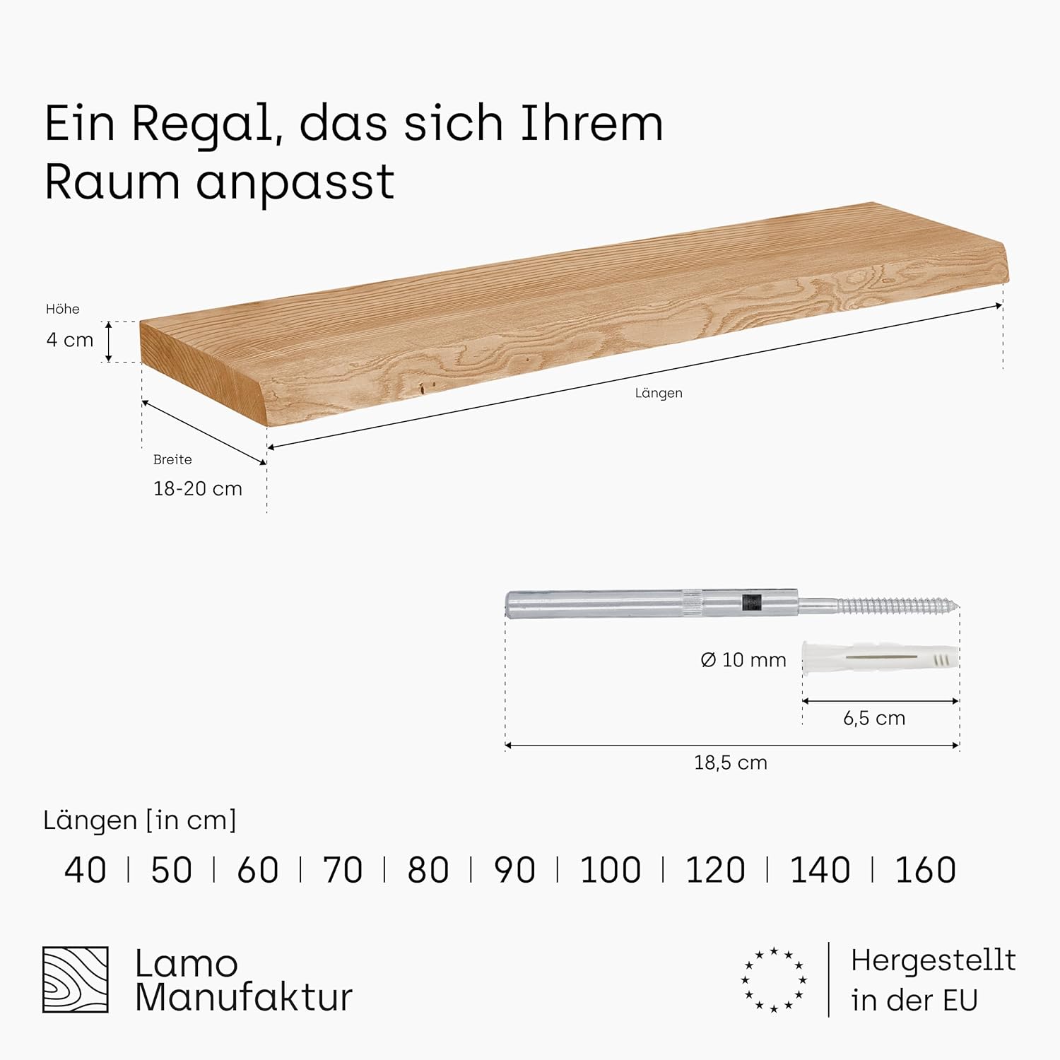 LAMO Manufaktur Schweberegal Holz mit unsichtbarer Befestigung | Wandregal 140 cm breit für Wohnzimmer, Home Office | Farbe: Nussbaum, Kante: natürlich | Massivholz, modernes Design, Schwebende Optik