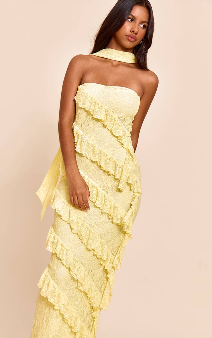 Citron Robe Maxi En Dentelle À Volants Avec Détail Foulard Petite
