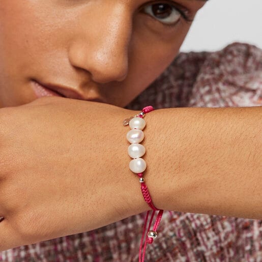 Pulseira TOUS Pearls com cordão fúcsia, prata e pérolas