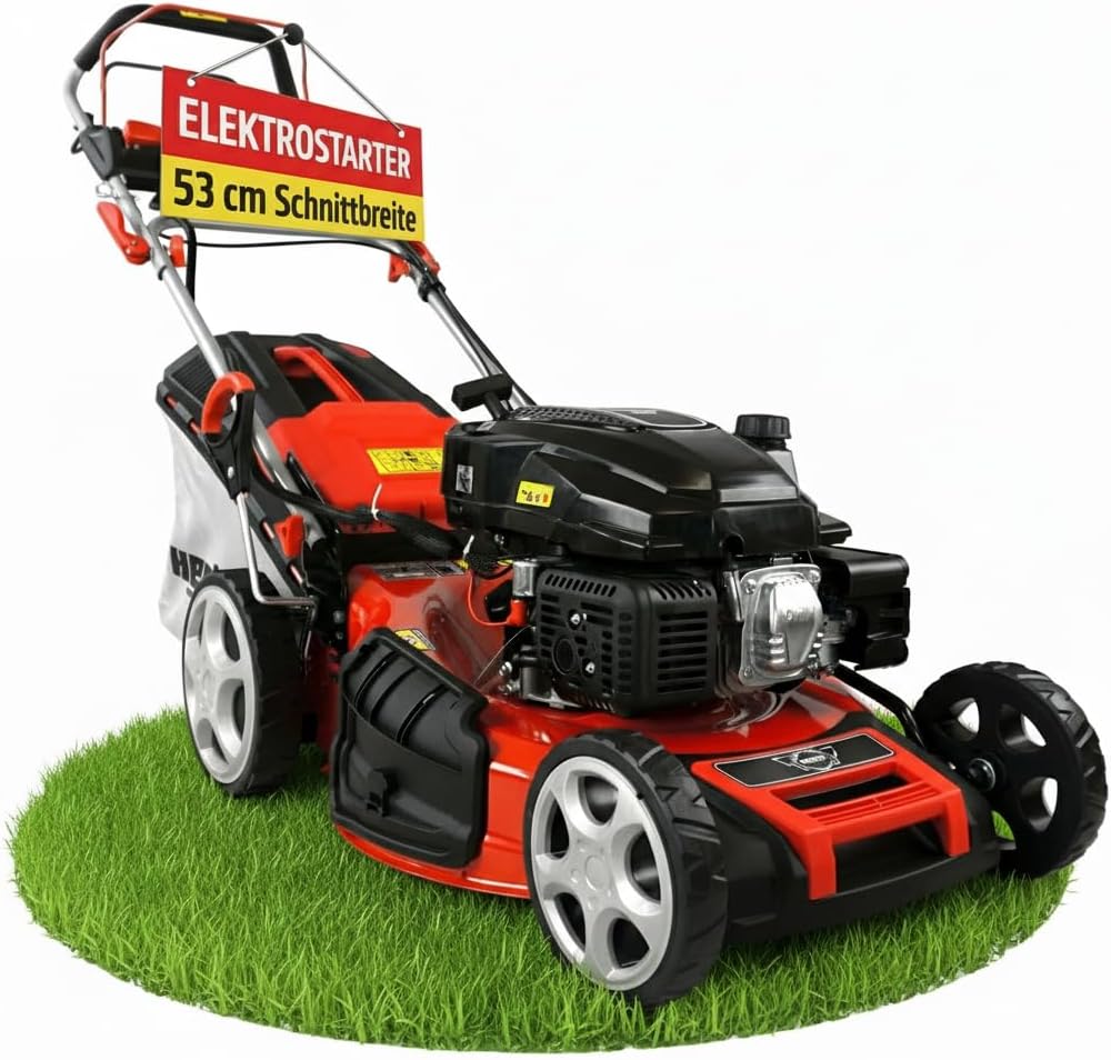 HECHT 5-IN-1 Benzin Rasenmäher – leistungsstarker 4 Takt Eco Motor 4,4 kW (6,0 PS) – Elektrostart – 53 cm Schnittbreite – 75 l Fangkorb – Radantrieb – patentierte Räder – Mulchmäher