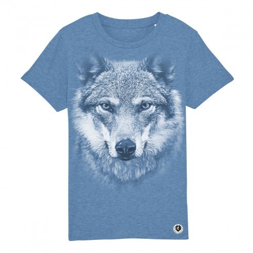 Camiseta infantil com estampa de lobo, azul monocromático