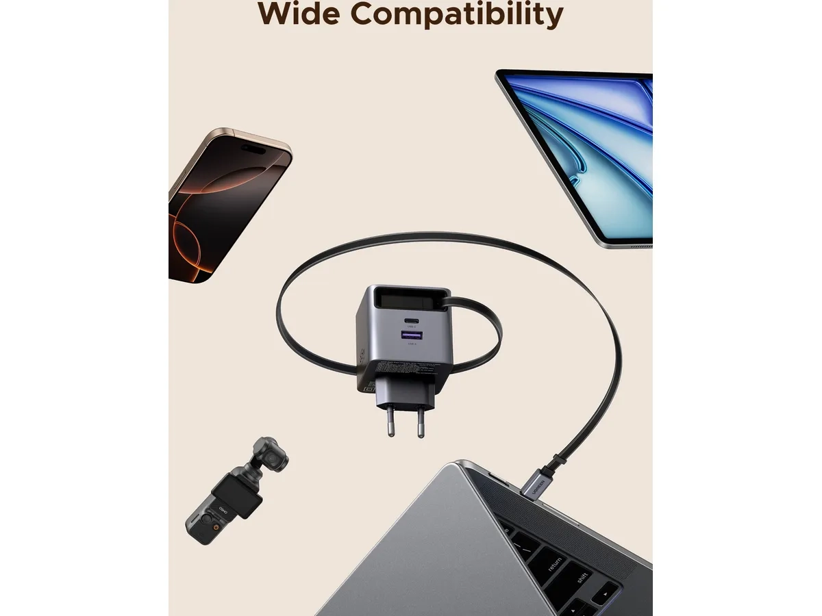 (65W) 3in1 USB C / USB A GaN Ladegerät Fast Charger GaNinfinity & Thermal Guard mit ausziehbarem USB C Ladekabel (65825) - Silber