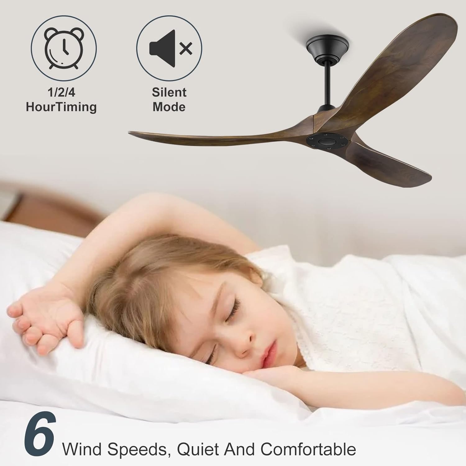 Deckenventilator ohne Beleuchtung mit Fernbedienung, 152cm Holz Retro Deckenventilator, Reversibler DC Motor Timing-Funktion für Schlafzimmer Wohnzimmer Bauernhaus Veranda