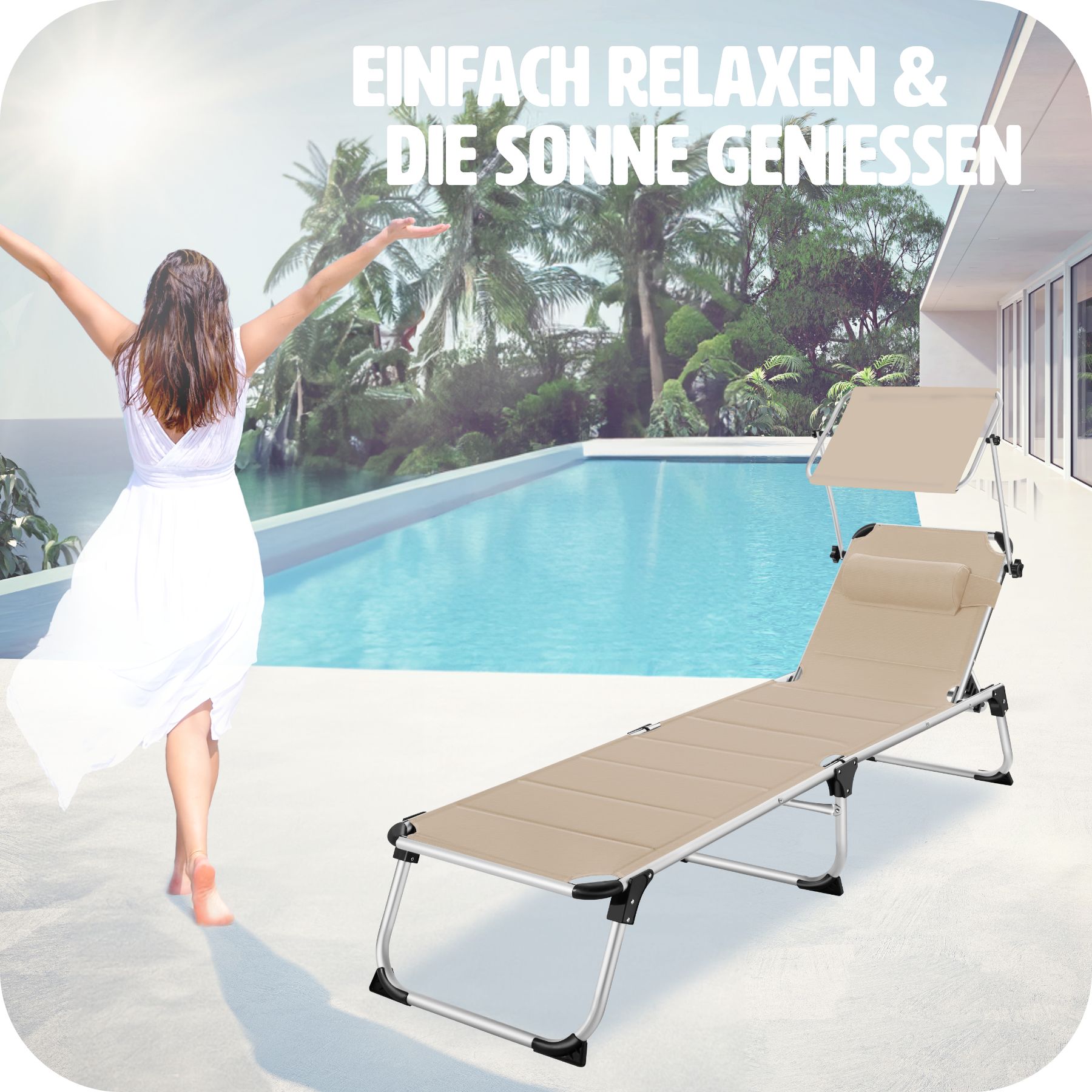 tectake® Sonnenliege, gepolstert, klappbar, 6-fach verstellbare Rückenlehne mit Kopfpolster, 217 x 60,5 x 72 cm