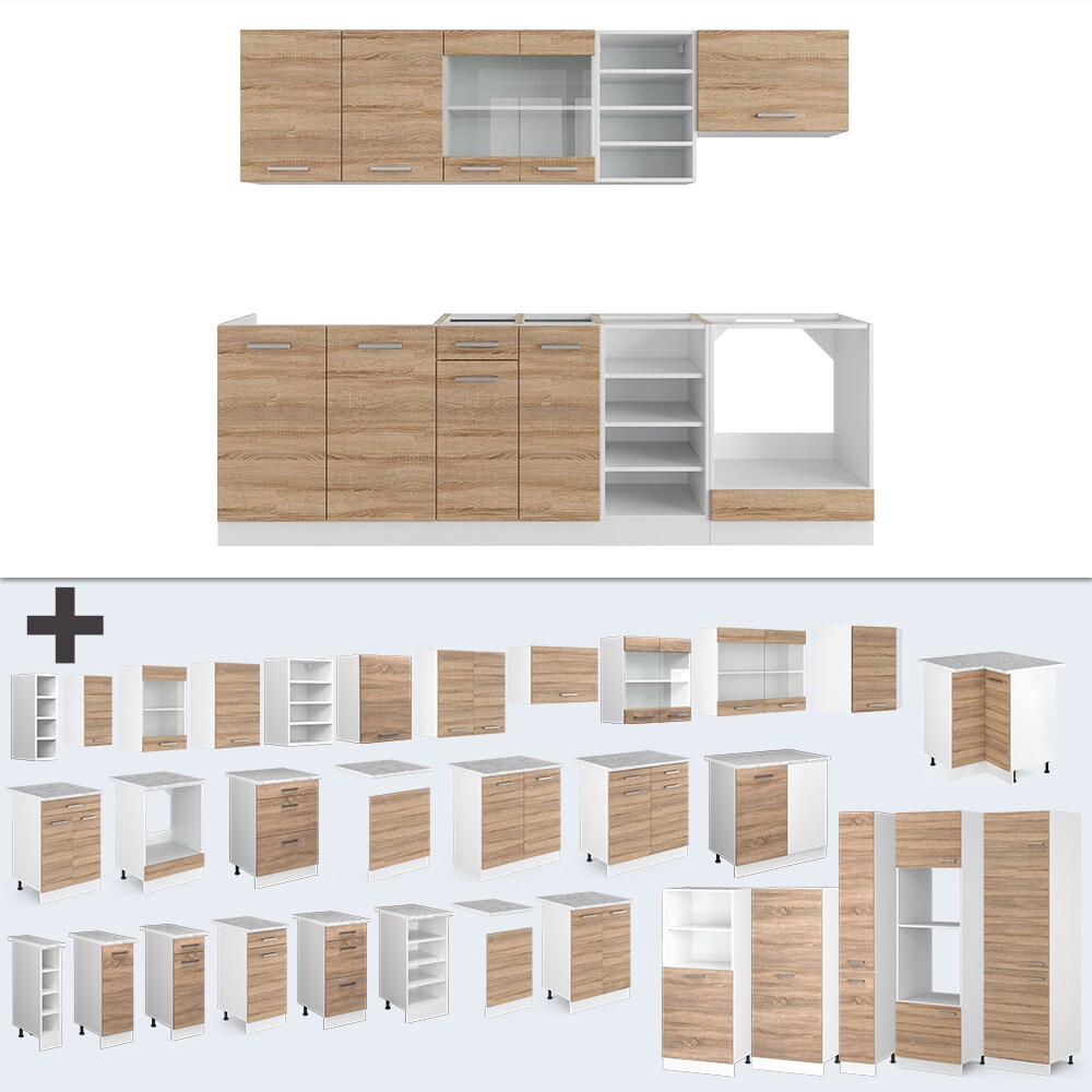 Vicco Küchenzeile Küchenblock Einbauküche R-Line 240 cm Weiß Sonoma Arbeitsplatte