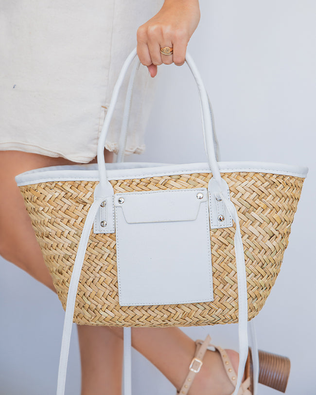 Sac panier femme raphia et simili cuir beige et blanc - Julia