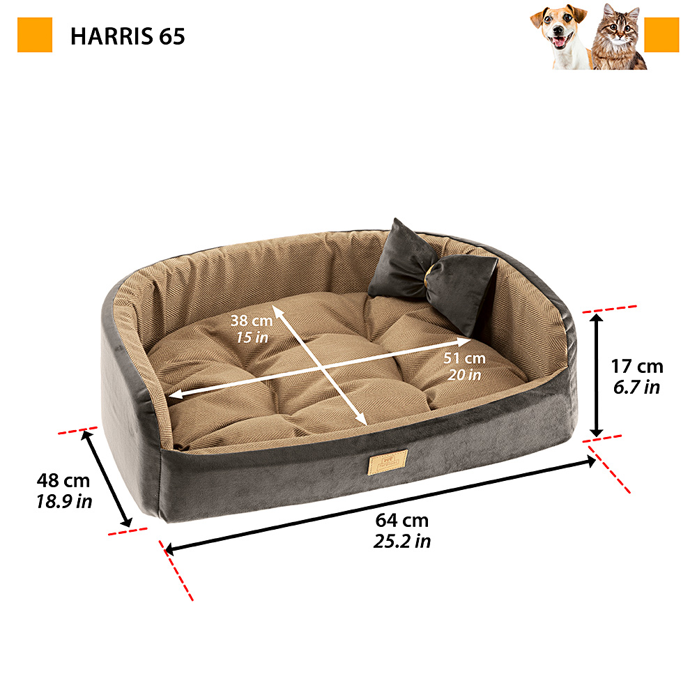 Couchage rembourré lit pour chiens et chats harris 65 lavable, avec coussin, tweed et velours, marron
