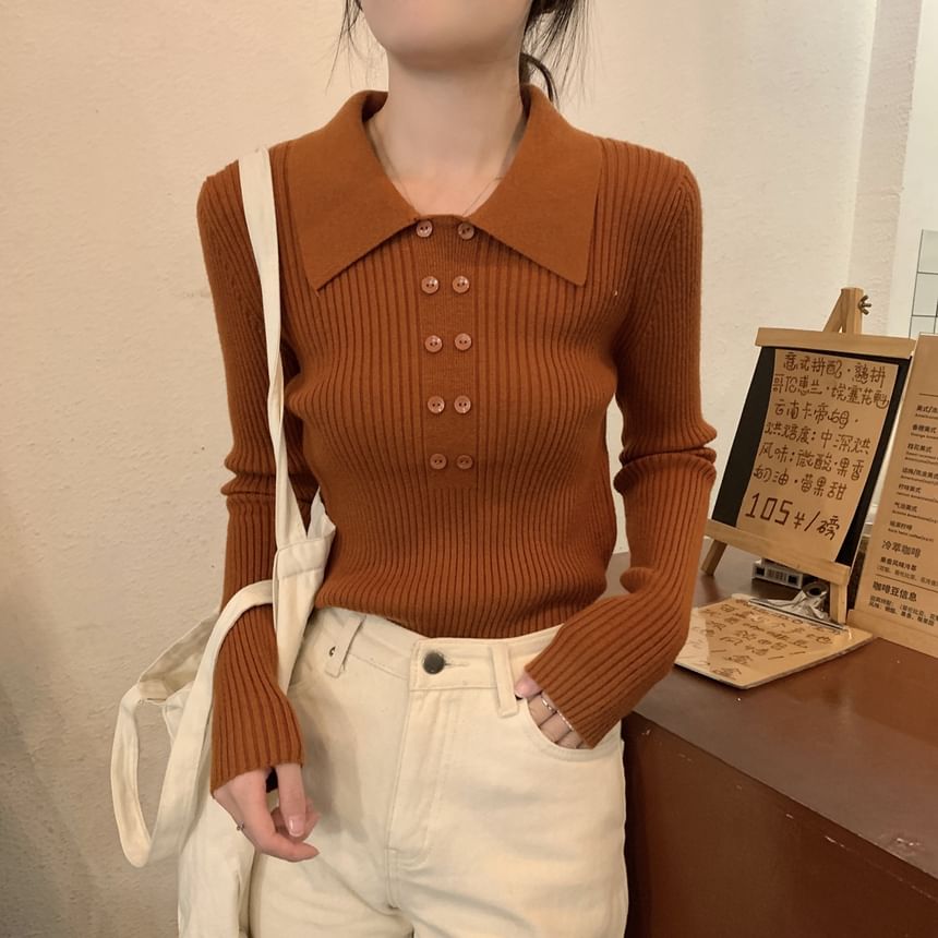 Ukiyo - Lange mouwen, kraag, effen geribbelde gebreide crop top
