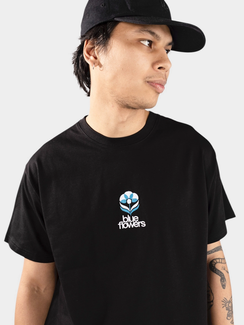 Blue Flowers Flower T-Shirt black