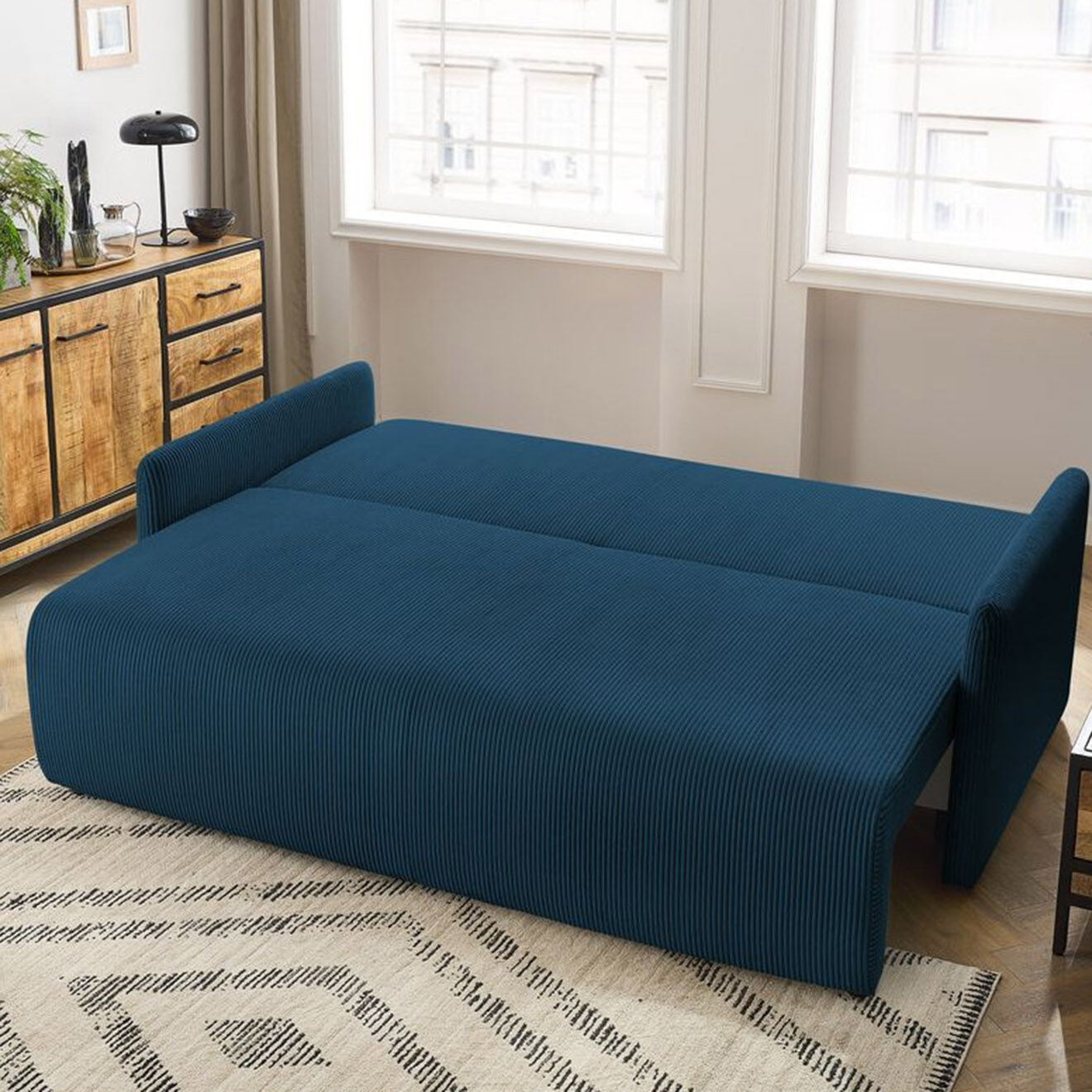Bobochic Canapé convertible coffre marcel velours côtelé bleu foncé  - 211x100x86 cm