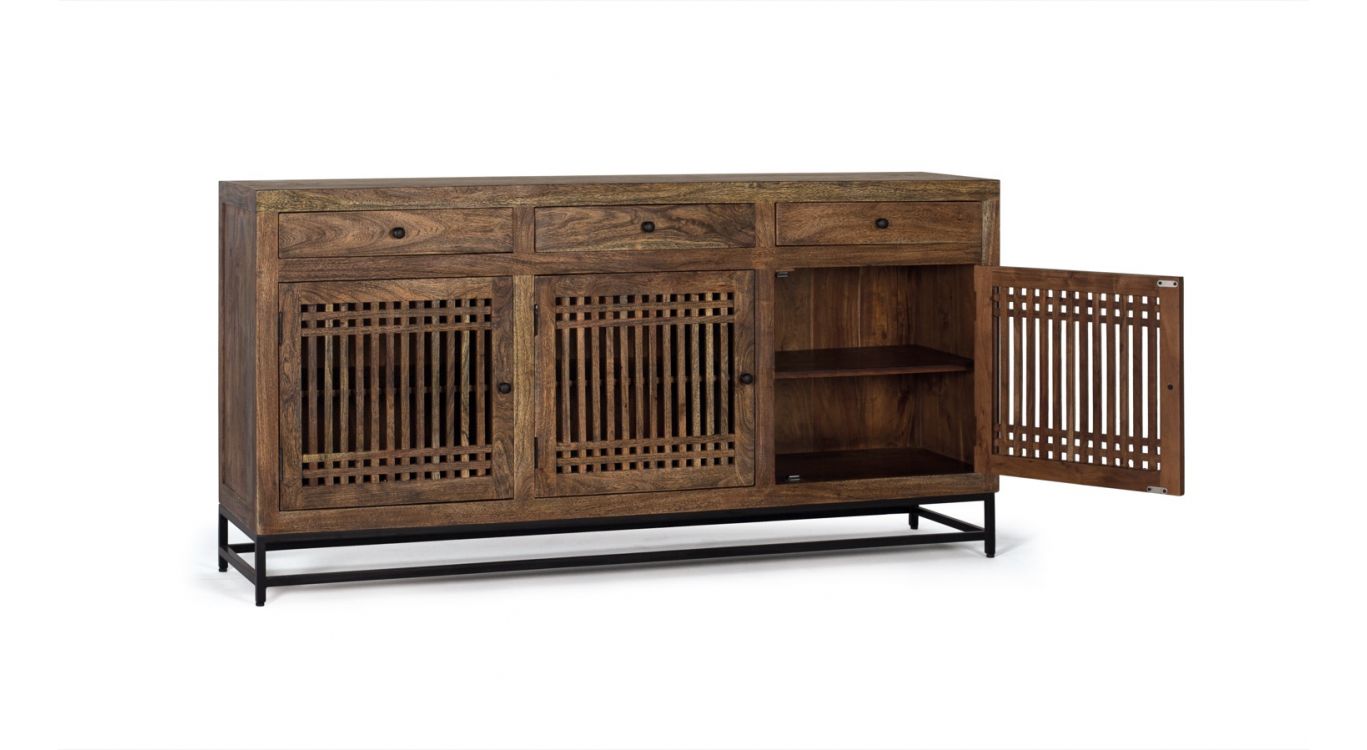 Bahut 3 tiroirs bois, métal marron 180x45x90cm - bois-métal