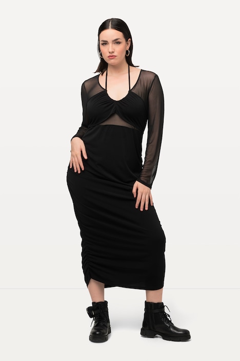 Maxikleid, Mesheinsatz, Slim, V-Ausschnitt, Langarm