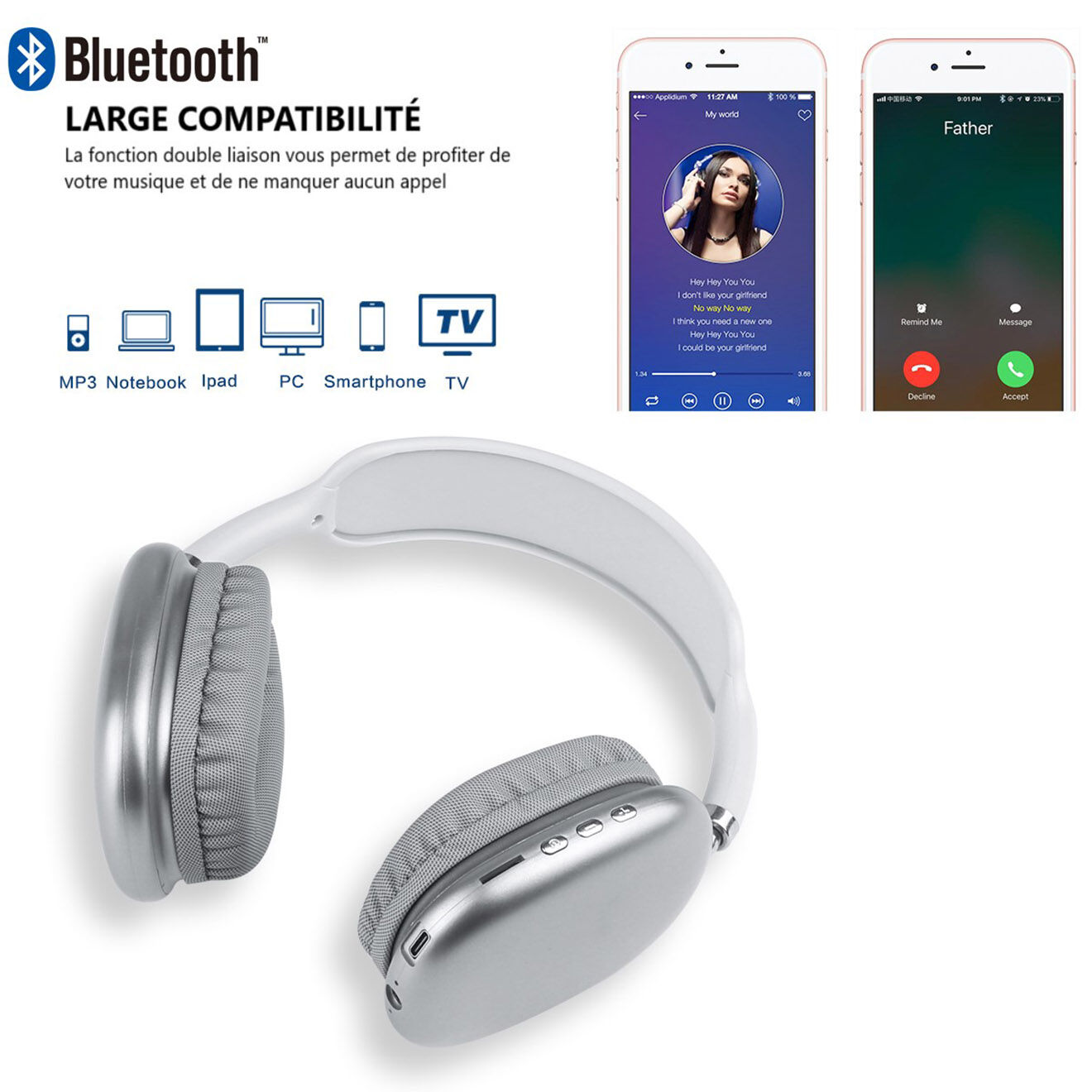 Onamaste Casque Sans Fil Bluetooth argenté