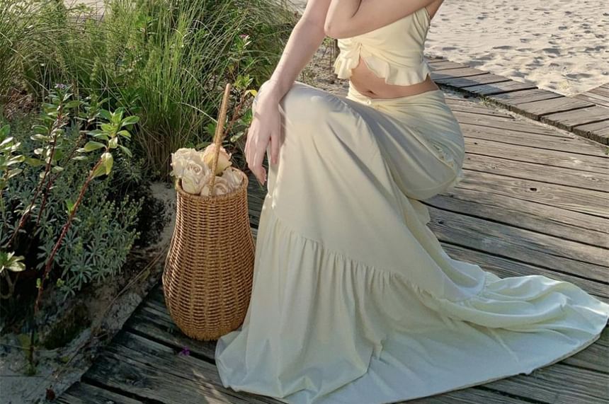Egsy - Set: Halter V-hals Effen Ruffle Crop Top + Mid Waist Tiered Ruched Maxi A-lijn Rok