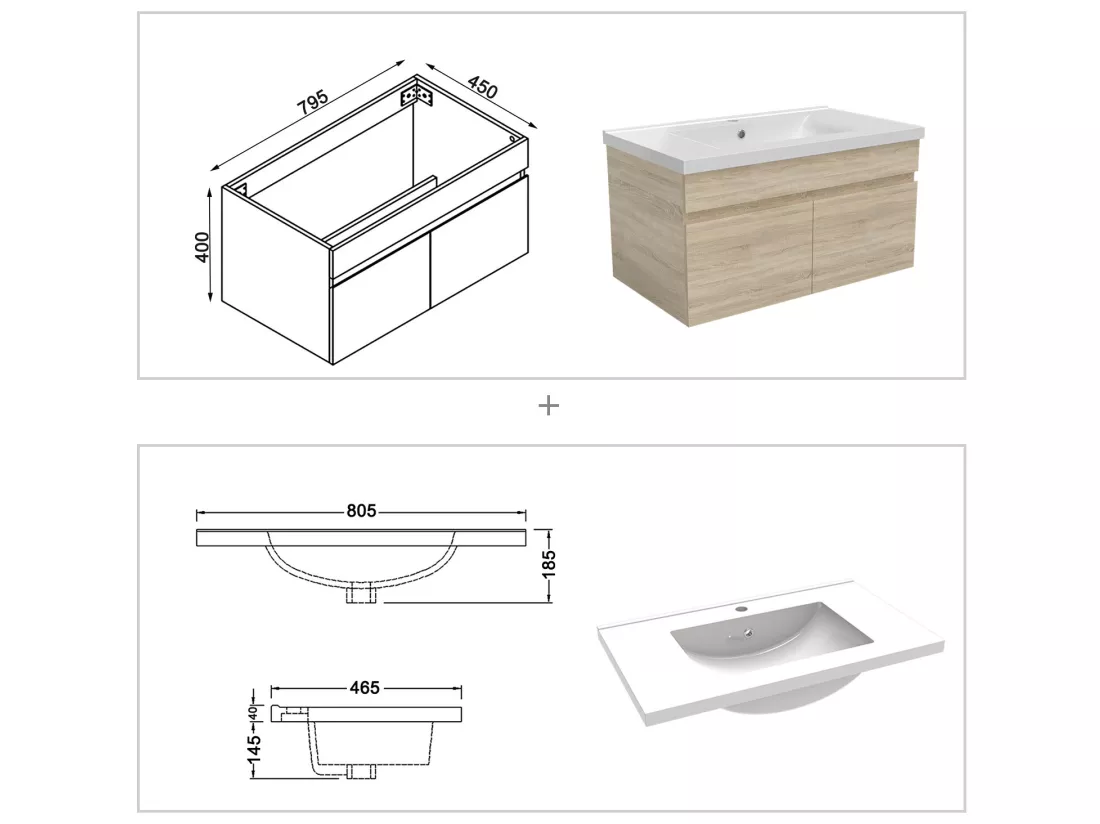 Ensemble Salle De Bain 80cm meuble Chêne Wotan avec colonne et miroir lumineux, Aica