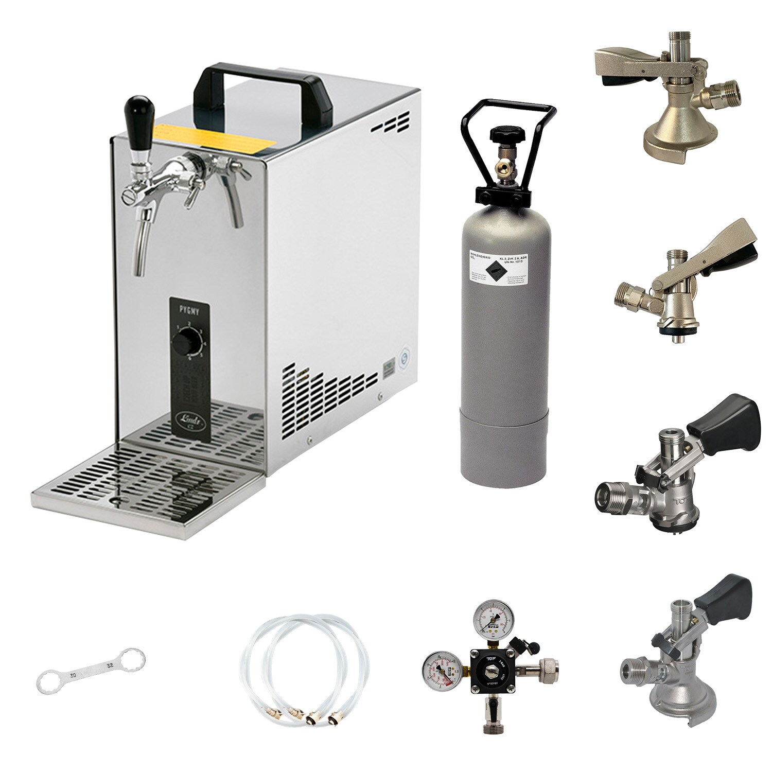 Komplett Set - Zapfanlage, Bierzapfanlage, Bierkoffer, Durchlaufkühler PYGMY 25 LE, 1-leitig Trockenkühler, 30 Liter/h, Green Line, 5 Liter Adapter