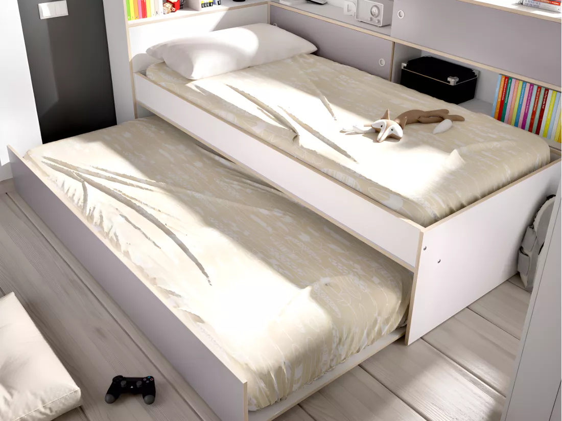 Lit gigogne avec rangements - 90 x 200 et 90 x 190 cm - Blanc et gris - LOSIANA