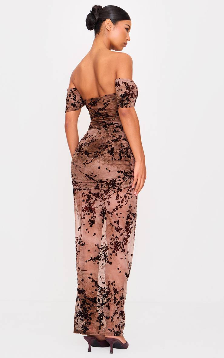 Marron Robe Longue À Volants Froncés Corset Bardot Dévoré Fleuri
