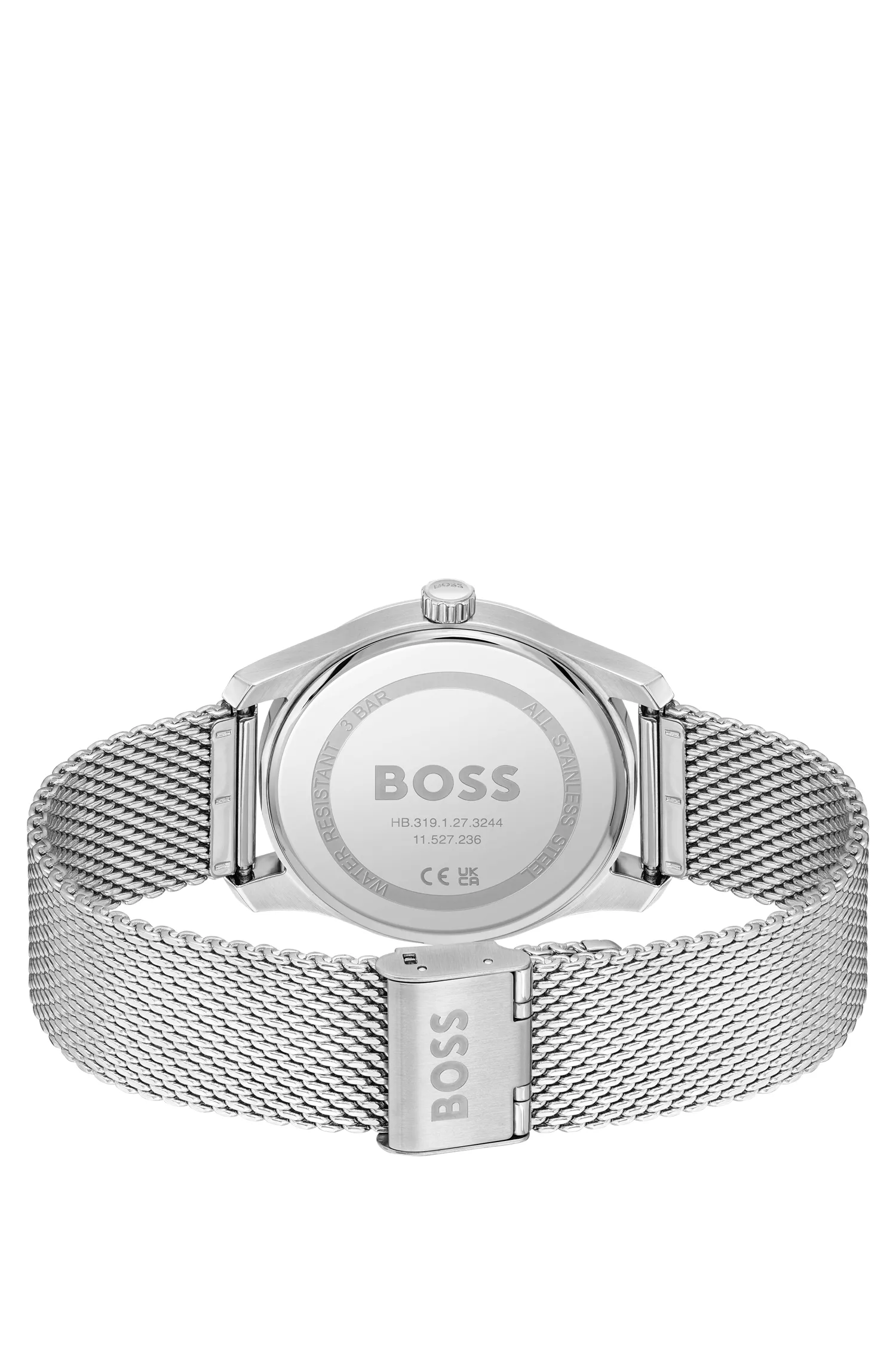 Relógio BOSS com pulseira de malha preta e mostrador com padrão azul.