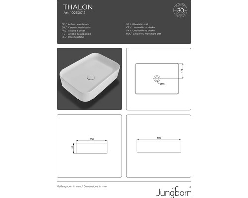 Jungborn THALON opzetwastafel 50 cm, glanzend wit, inclusief keramische afvoerplug