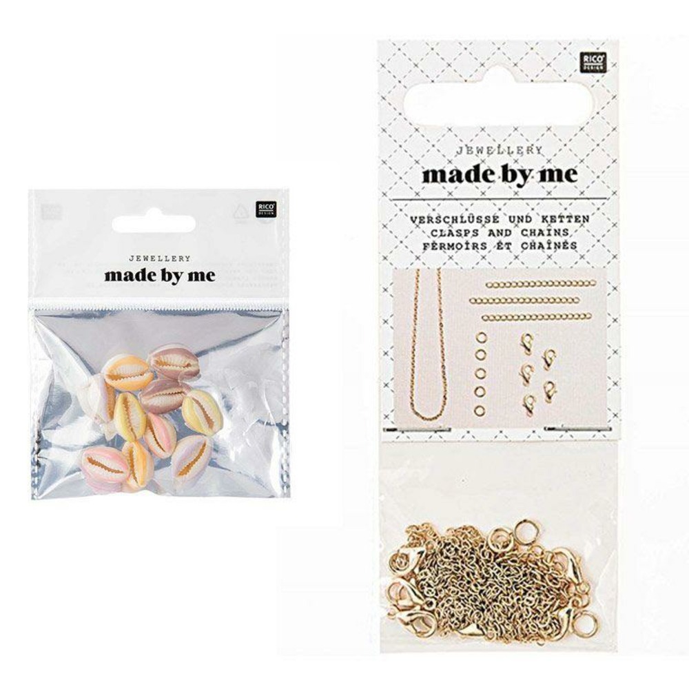10 perles coquillages pastel + fermoirs épais et chaînes dorés