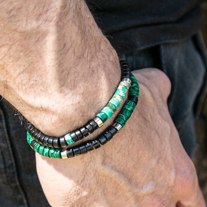 Bracelet Perles Heishi Agate Noire Et Malachite-XS-14cm