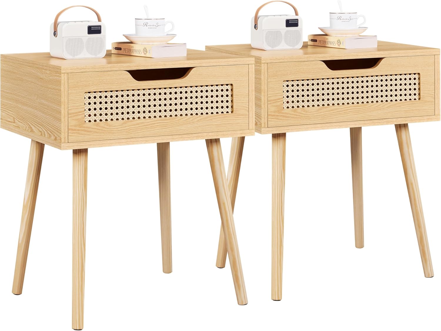 Yaheetech 2er Set Nachttisch Rattan Beistelltisch mit Schublade Nachtkommode Holzbeine Sofatisch Nachtkommode für Schlafzimmer/Wohnzimmer, Hellbraun
