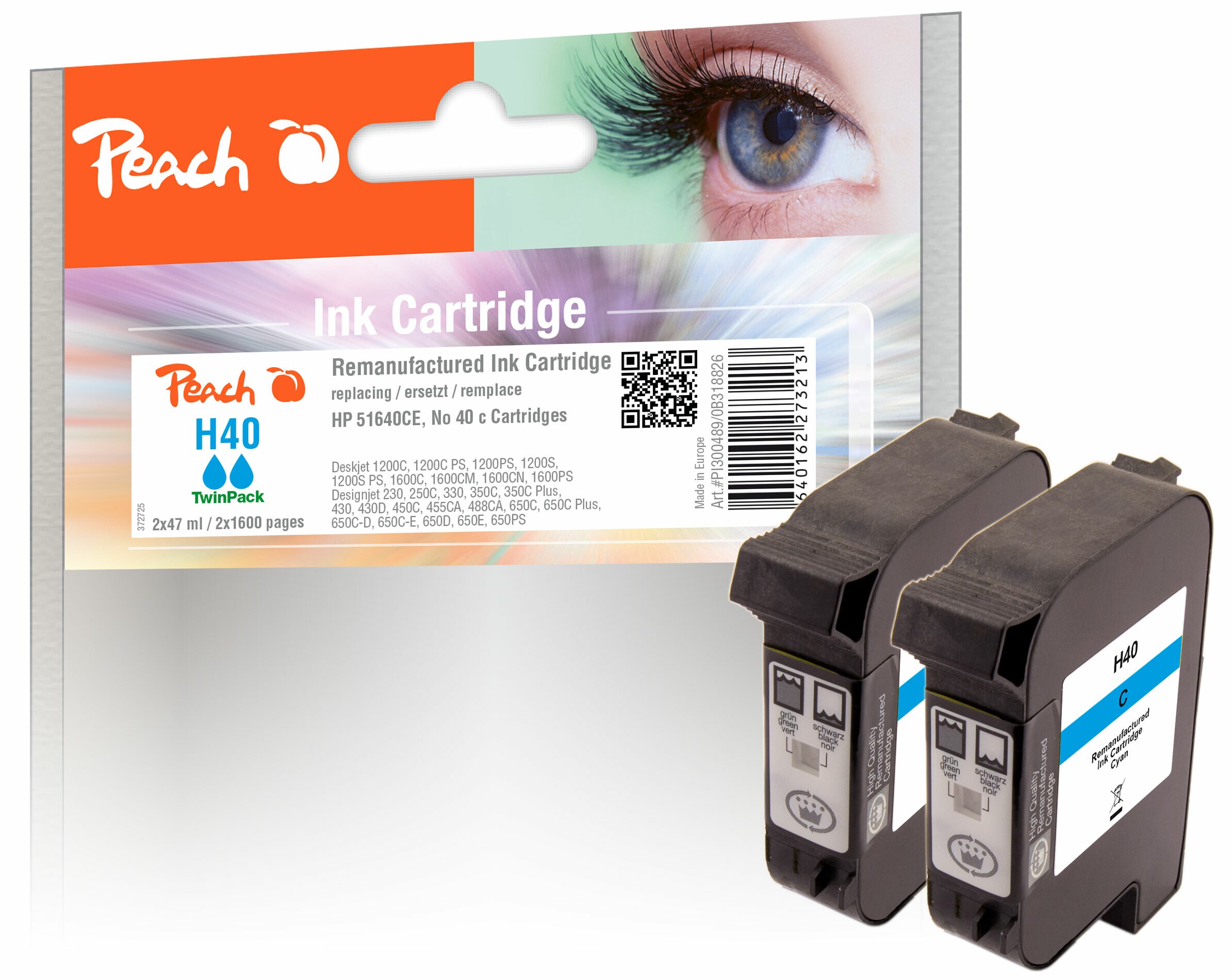 Peach HP 40 c 2 Druckköpfe 2*cy ersetzt Xerox, HP No. 40 c*2, 51640CE*2 für z.B. HP Color Copier 210, HP Color Copier 210 LX, HP Copyjet (wiederaufbereitet)