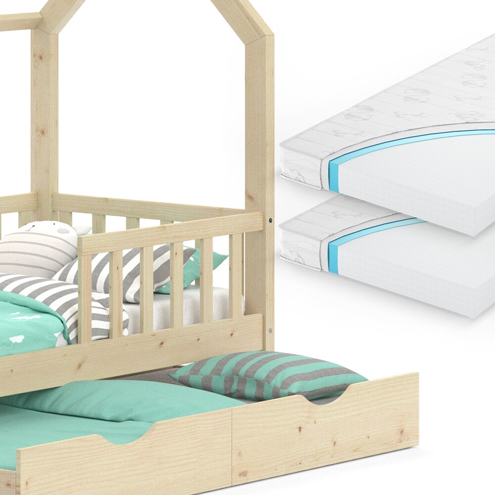 VitaliSpa Kinderbett Hausbett Gästebett Wiki Natur 80x160cm Schublade Matratzen