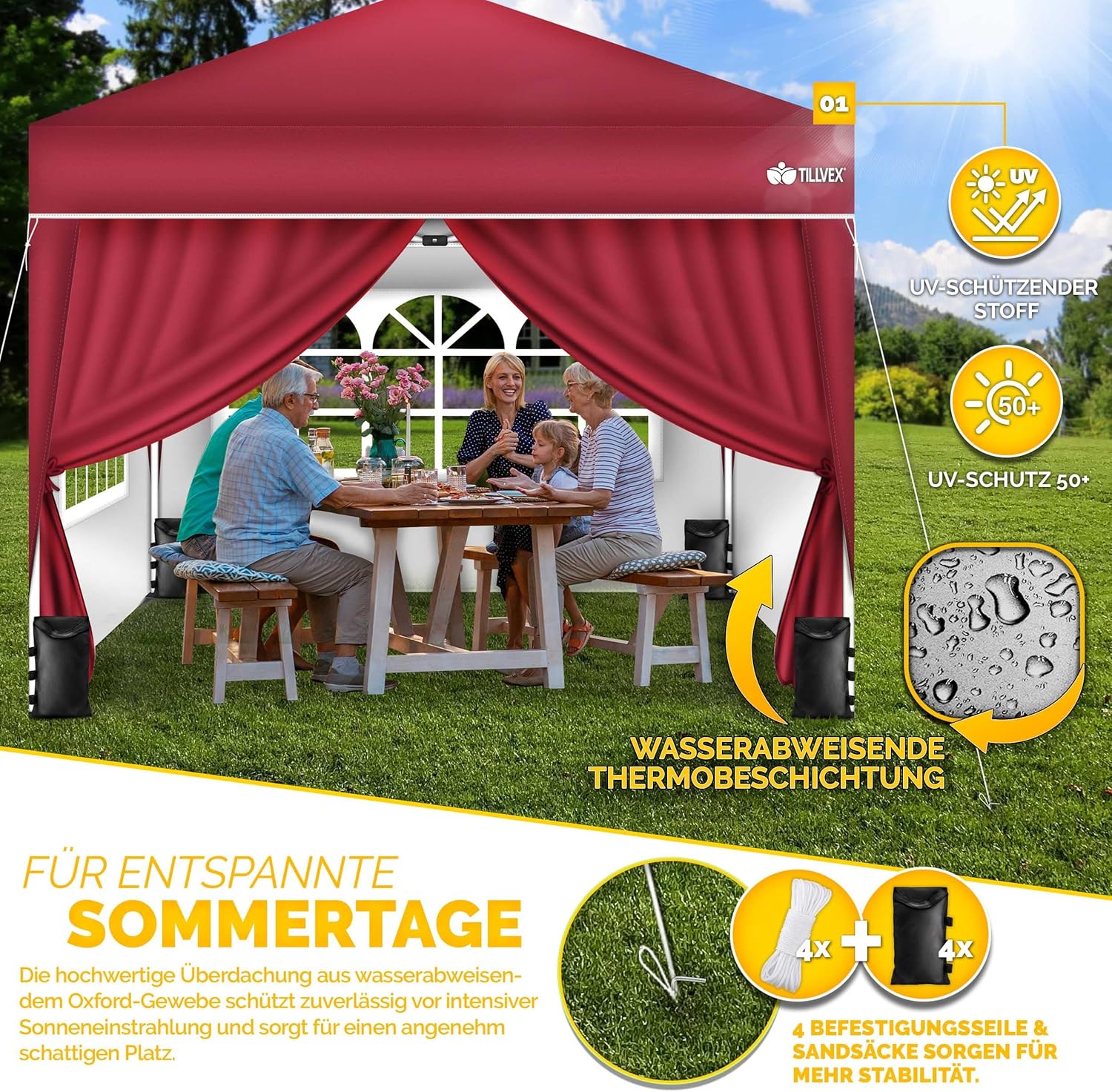 tillvex Pavillon 3x3m wasserdicht mit 4 Seitenteilen + 4er Set Sandsäcke | Pop-Up Faltpavillon stabil & höhenverstellbar | Gartenzelt UV Schutz 50+ | Partyzelt mit Tasche für Garten, Rot