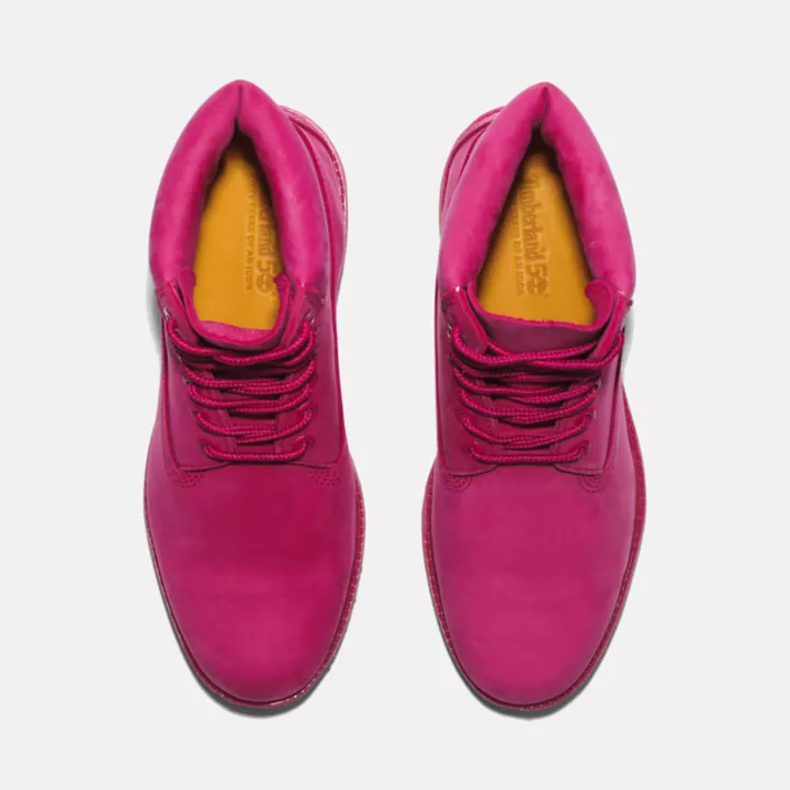 Botas Timberland Premium de 6 polegadas impermeáveis para homem, edição 50ª edição, na cor rosa escuro.