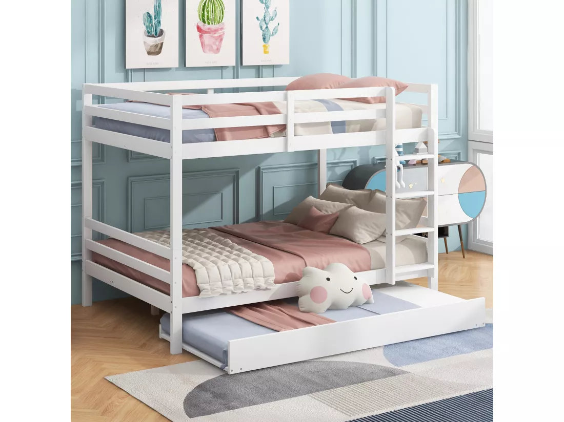 Lits superposés 2 x 140 x 200 cm avec lit gigogne 90 x 200 cm - garde-corps et escalier - Bois MDF - blanc