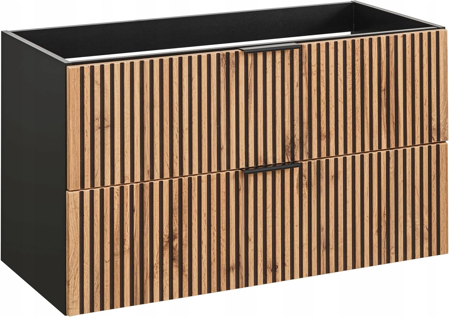 Set XO Schwarz Eiche Wotan: Unterschrank 120 cm mit 2 Schubladen + 35x140 cm Seitenschrank Hängeschrank Badschrank Badezimmerschrank Soft-Close Badmöbel-Set Geriffelte Fronten