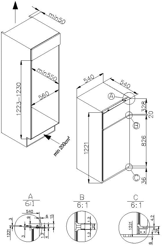 Amica Einbau Kühl Gefrierkombination Doppeltür mit Gefrierfach oben für 122 cm Nische, Schlepptür-Technik, Inverter Kompressor, elektronische Steuerung, Tür-Offen-Alarm