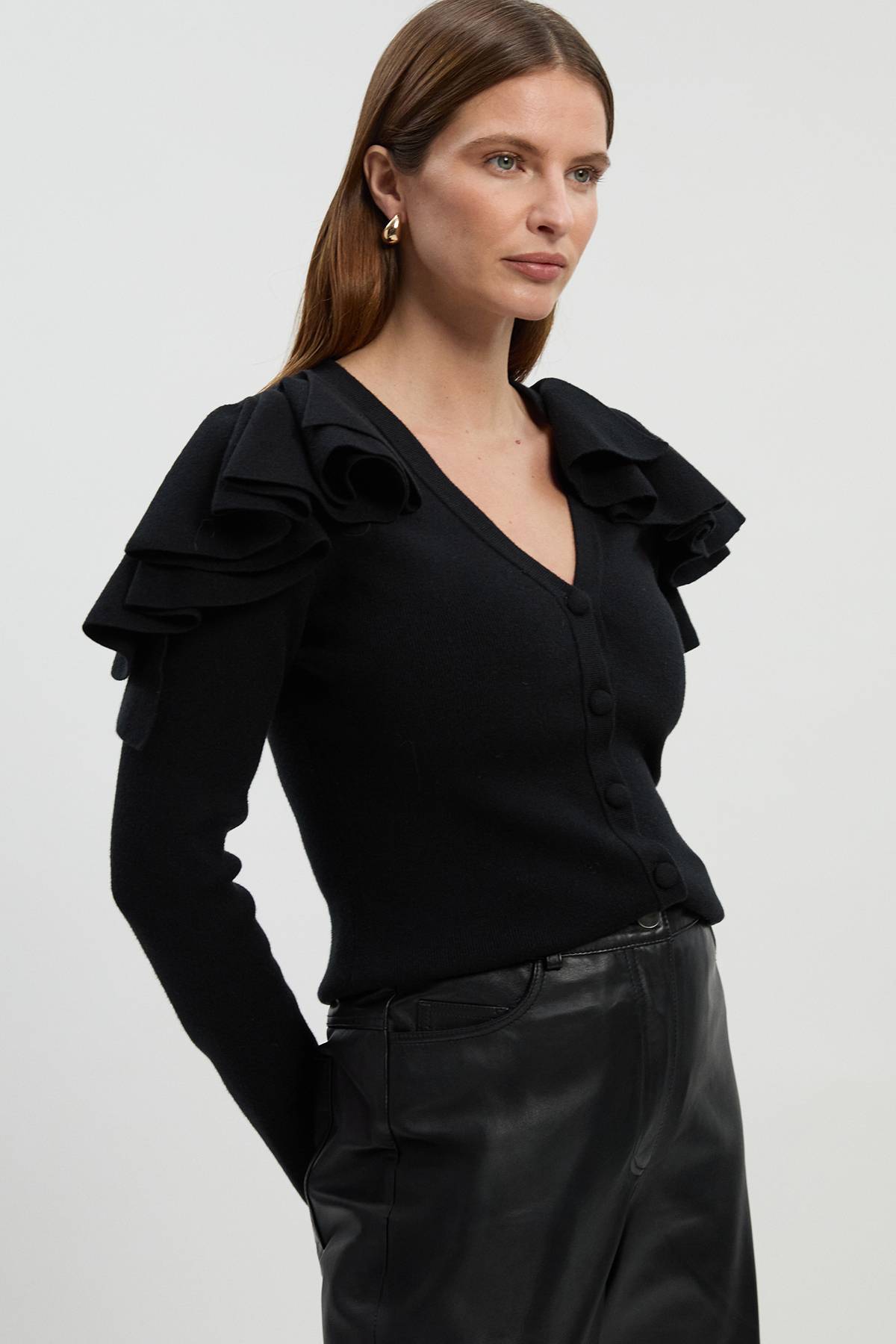 KarenMillen Cardigan Compact Aspect Laine à Col V Volants