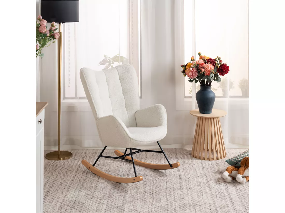 MEUBLES COSY Fauteuil à Bascule Allaitement Scandinave Chaise Loisir et Repos en Bouclette avec Pieds en E' Bois Métal pour Salon, Chambre, Massif, Beige, 66x84x97cm