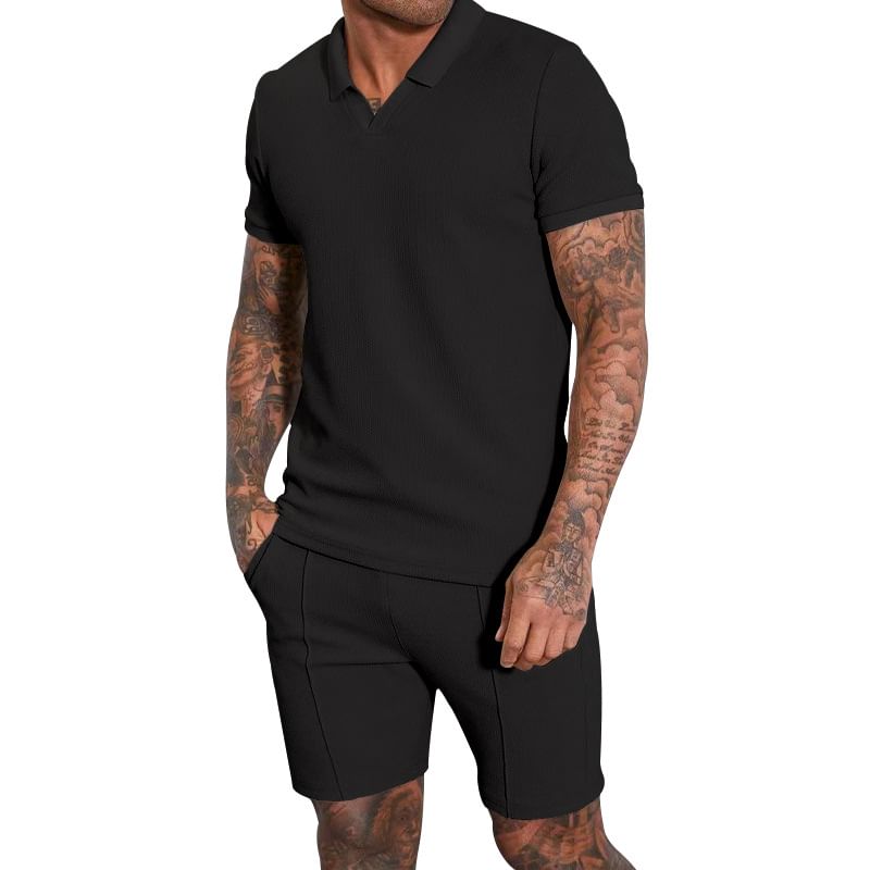 Dubbel Wit - Set: Effen top met korte mouwen en kraag + shorts
