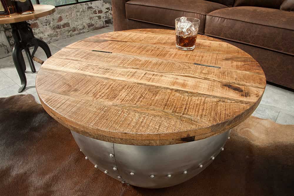 Runder Couchtisch DRUMP STORAGE 70cm natur silber Mangoholz mit Stauraum handmade Industrial