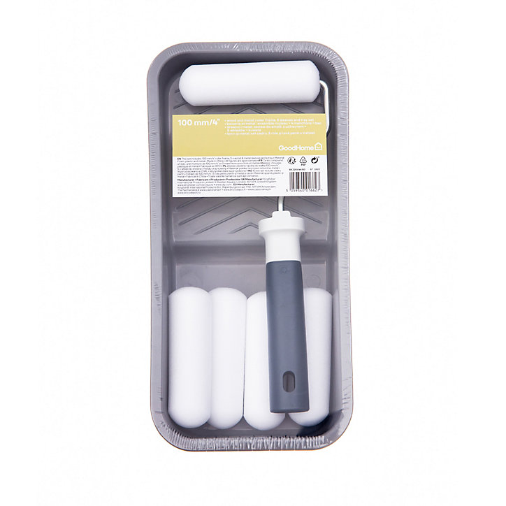 Lot mini rouleau laqueur + 4 manchons 100mm + bac de peinture GoodHome 100mm